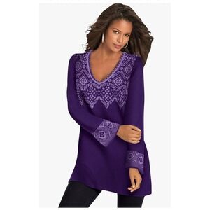 Roamans Fit and Flare Bell Sleeve Tunic Fair Isle Sweater Size 22/24 Purple